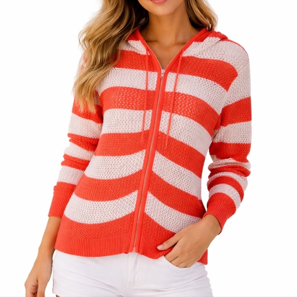 Vtg Quacker Factory Coral Stripe Peekaboo Zipper Hoodie Festival Cover-Up